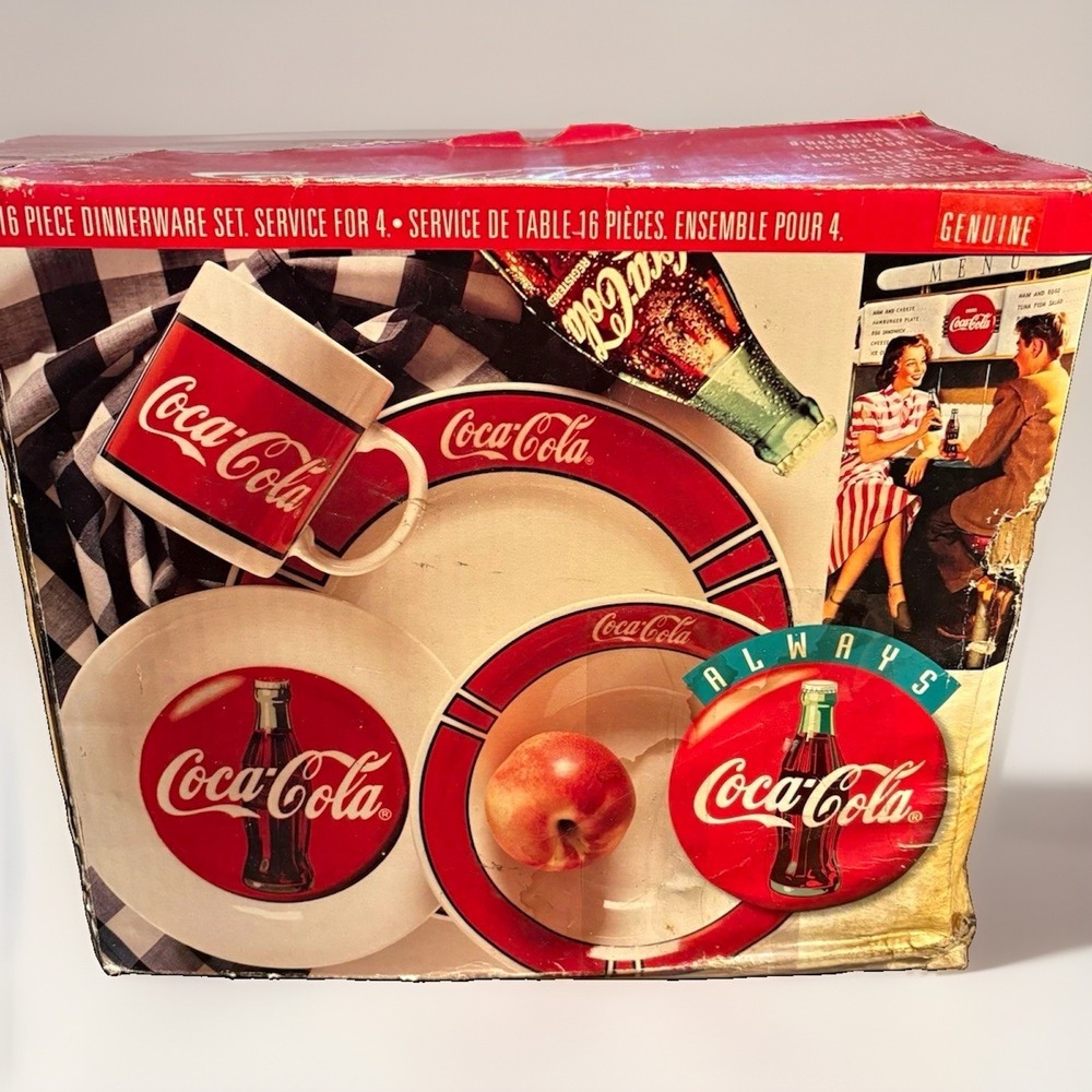 Vtg Coca-Cola 16-Piece Dinnerware Set Service for 4 Plates Bowls Mugs Red/White